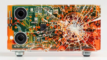 Fototapeta premium Close-up of a damaged, shattered circuit board with broken glass, showcasing electronic components and intricate circuitry.