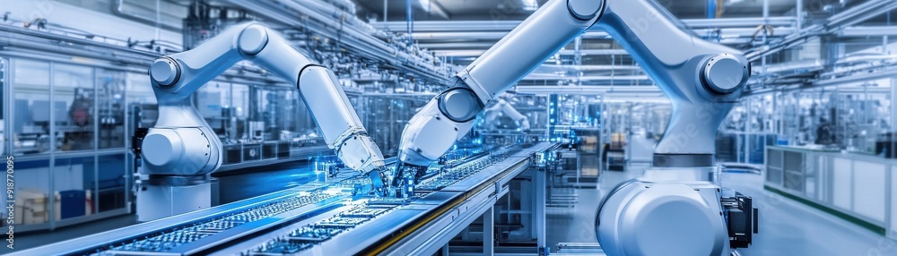 Poster an advanced robotic assembly line in a modern factory, showcasing automation and precision in manufa