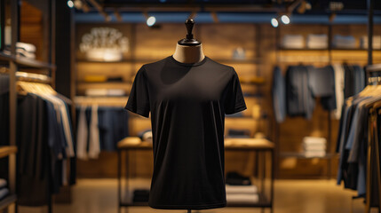 Black plain t-shirt mockup in store displayed on mannequin, clothing store background, Ai generated Images