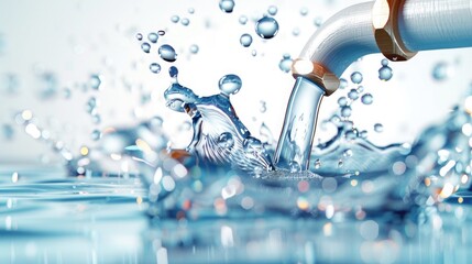 Close-up of water splashing from a pipe, creating ripples and droplets with a refreshing and clean look.