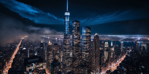 Illuminated Cityscape with Skyscrapers at Night