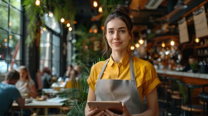 Fototapeta premium A woman in a yellow shirt and apron is holding a tablet in front of her