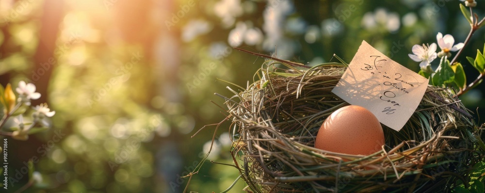 Poster a nest with an egg and a piece of paper with the word 