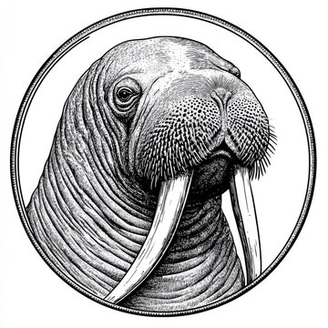 recommend clip art: Black and white Vintage engraved art of a walrus in a circular stamp logo style, isolated on white background, ink sketch illustration, simple vector art design, highly detailed line art,