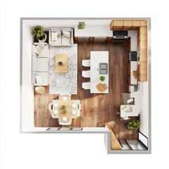 3D Render of a family-friendly kitchen with ample storage, a large island, and a breakfast nook, floor plan, on isolated white