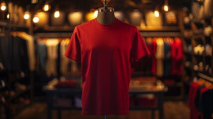 Fototapeta premium Red plain t-shirt mockup in store displayed on mannequin, clothing store background, Ai generated Images