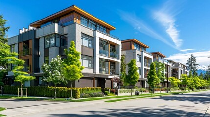 Fototapeta premium New Modern Apartment Building in Vancouver BC. Canadian modern residential architecture on a sunny day