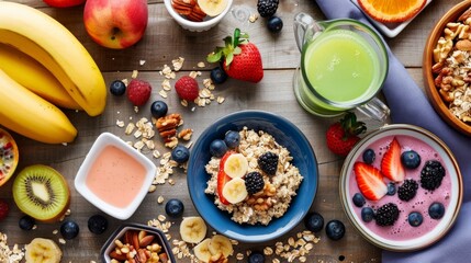 A table with a variety of fruits and oatmeal