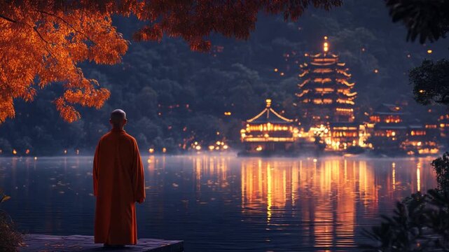Monk standing on the edge of lake, looking Chinese architecture temple, ethereal lights are reflecting off the lake surfaces, creating a serene atmosphere with zen influence. Ai Footage.