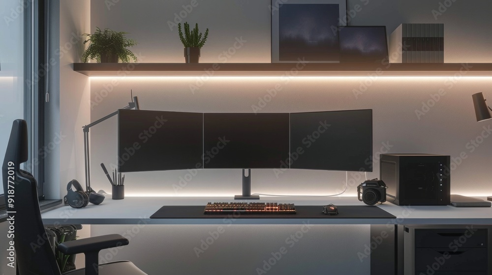 Poster a computer desk with a large monitor, keyboard, and mouse