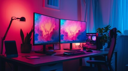 A computer desk with two monitors, a keyboard, and a mouse
