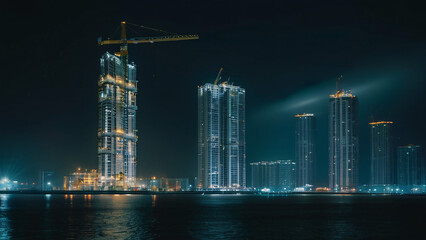 Obraz premium Towering cranes pierce smoky night sky above sprawling industrial complex near polluted river