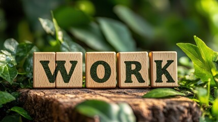 A wooden block with the word "work" written on it. The blocks are arranged in a way that creates a visually appealing and creative display