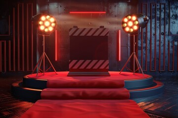 Red Carpet Podium Under Neon Lights