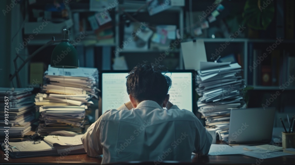 Poster a man is sitting at a desk with a computer and piles of papers