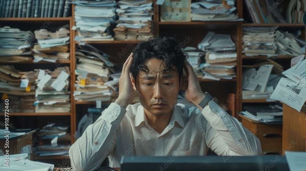 Aufkleber a man is sitting at a desk with a computer and a stack of papers