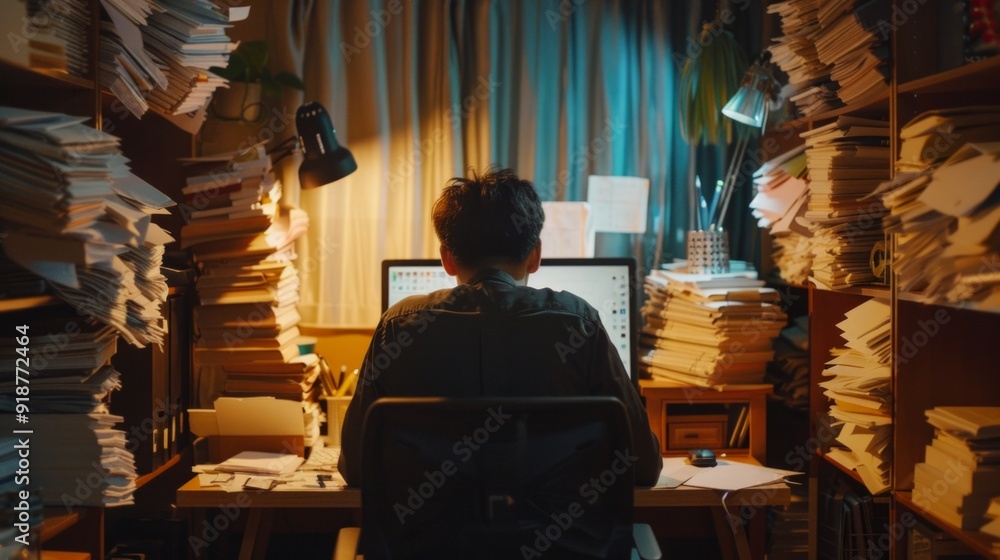 Aufkleber a man sits at a cluttered desk with a computer monitor in front of him