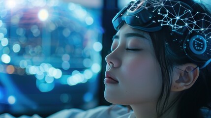 Woman wearing futuristic goggles with glowing neural network