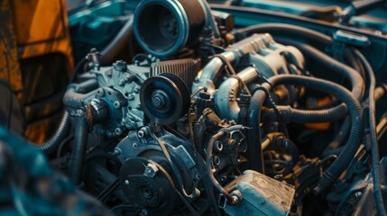 Fototapeta premium A close up of a car engine with a lot of wires and a black cover