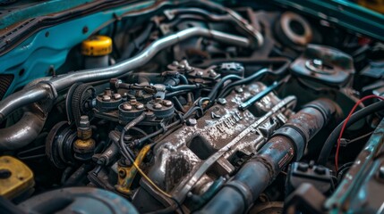 A close up of a car engine with a yellow and black cap on the top of the engine