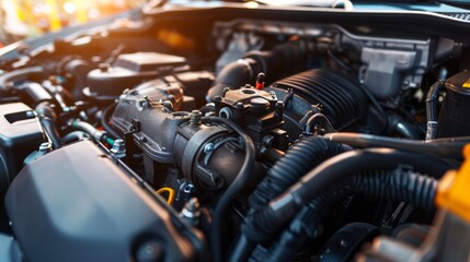 Obraz premium The engine of a car is shown in detail