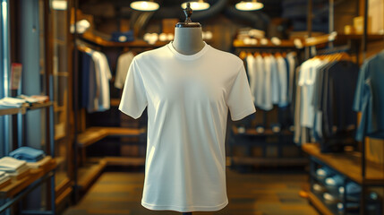 Obraz premium white plain t-shirt mockup in store displayed on mannequin, clothing store background, Ai generated Images