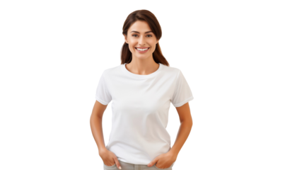 Portrait of a smiling woman in white t-shirt isolated on transparent background