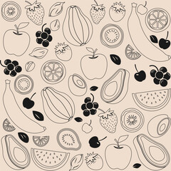 World food day monochromatic line art vector poster, background design of various fruit. Nutritious, healthy diet vector background for world food day, Vegetarian, vegan day.