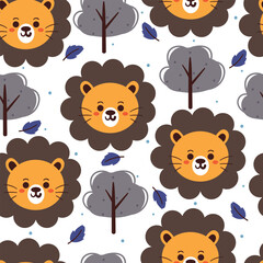 seamless pattern cartoon lion with tree and leaves. cute animal wallpaper illustration for gift wrap paper