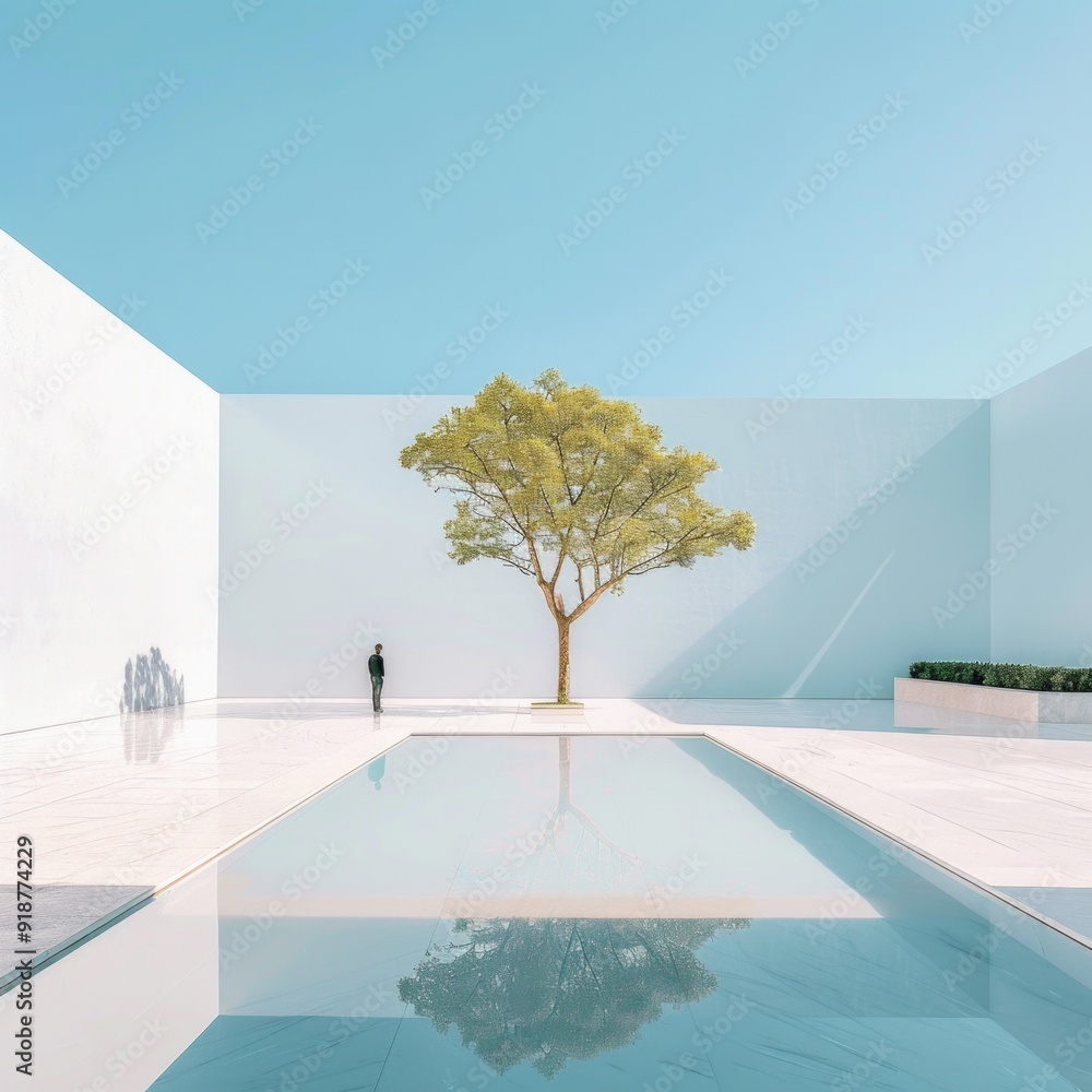 Poster A man stands in front of a tree in front of a pool