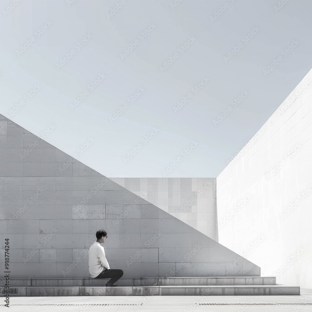 Poster a man sits on a set of stairs in front of a building