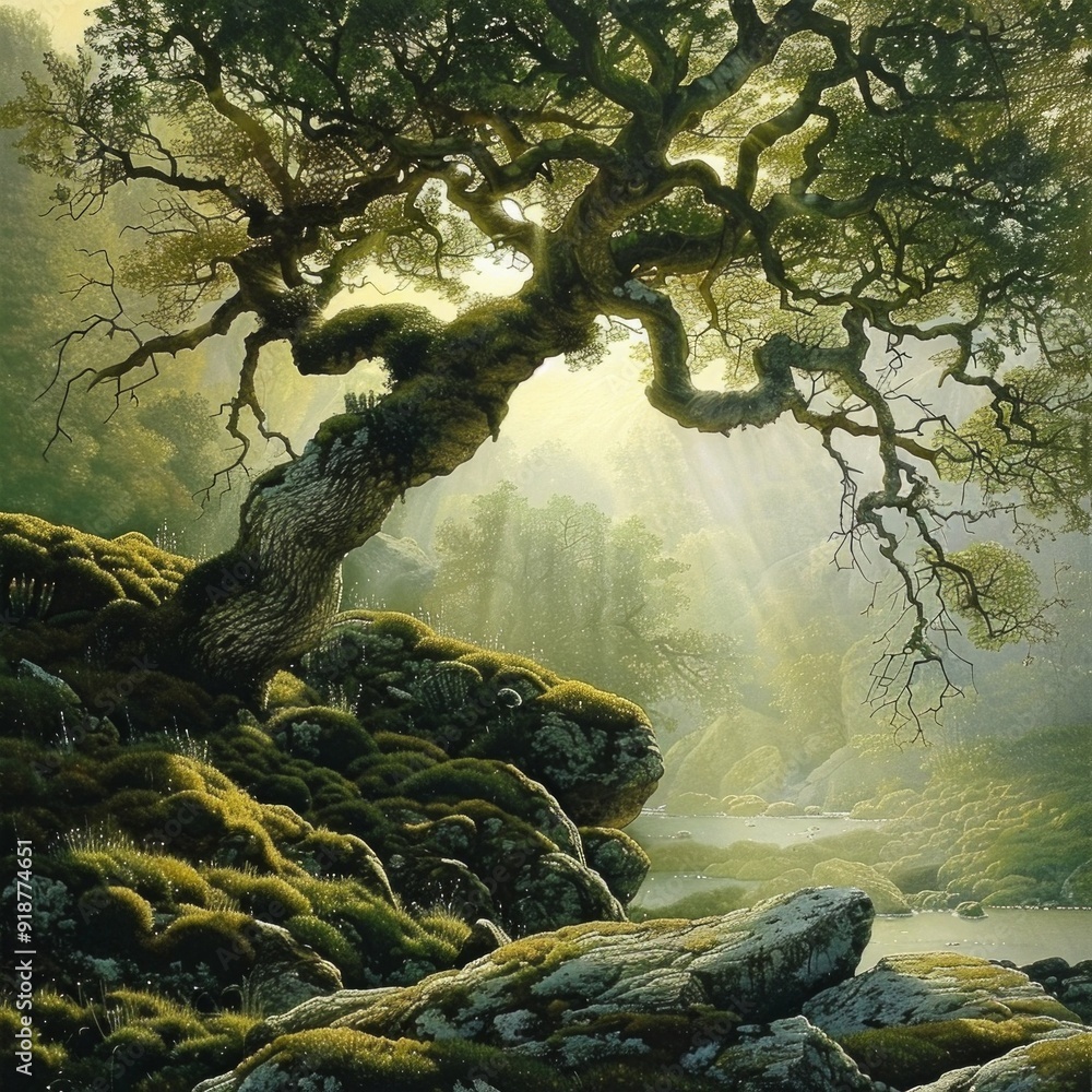 Poster a large tree with moss growing on it is surrounded by rocks and a river