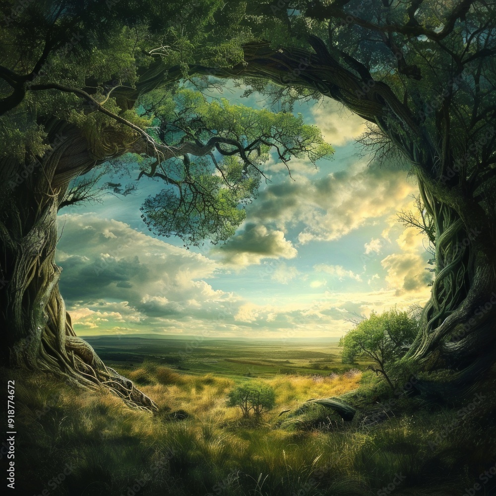 Poster a forest scene with a large tree in the middle of the frame