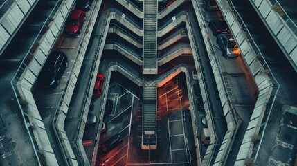 Aerial view of a parking garage with vehicles inside