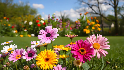 Obraz premium a collection of spring or summer flowers in the foreground with a nice outdoor image of summer in the background