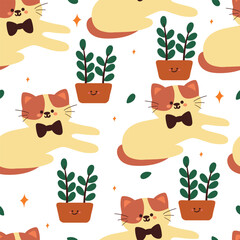 seamless pattern cartoon cat and flower. cute animal wallpaper for fabric print, gift wrap paper