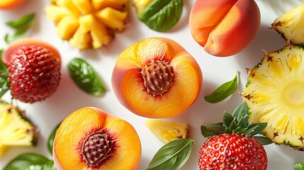 Naklejka premium A close up of a variety of fruits including a peach, strawberry, and pineapple