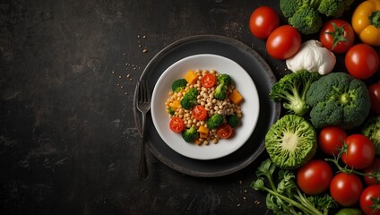 Empty plate with vegetarian food. Fresh ingredients for cooking vegan plate top view