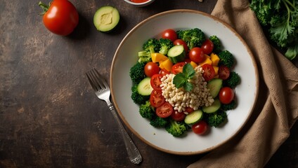 Empty plate with vegetarian food. Fresh ingredients for cooking vegan plate top view