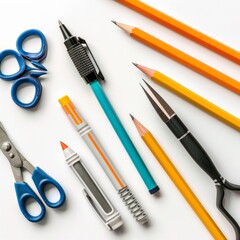 A collection of writing utensils including pens, pencils, and scissors