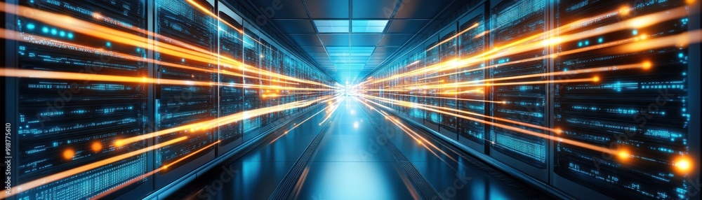 Poster futuristic data center showcasing vibrant lights and high-tech servers, creating an impression of sp