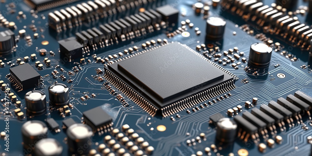 Poster close-up of a microchip on a circuit board with futuristic design