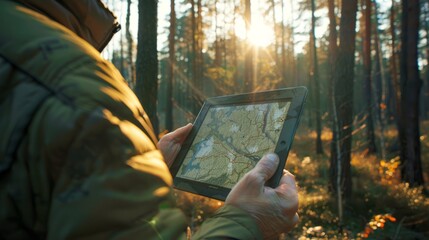 Work with digital tablet in forest. Forest topography maps rd set GPS navigation point.