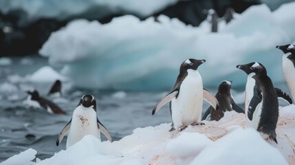Obraz premium A group of penguins are standing on a snowy surface near the water