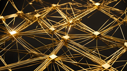 A complex 3D rendering depicting a network of lines and planes in luxurious gold, with intersecting paths and glowing accents representing the interconnectedness of wealth and success.