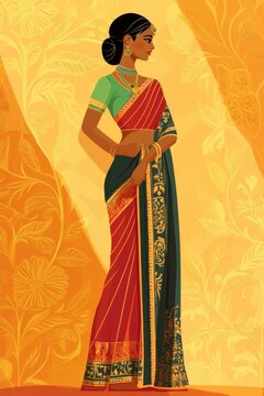 Minimalism illustration, an Indian woman, wearing a vibrant saree with intricate embroidery and a matching blouse, standing gracefully with one hand holding the pallu, traditional fashion