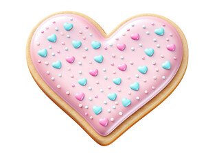 A beautifully decorated heart-shaped cookie with pink and blue sprinkles, perfect for celebrations and sweet treats.