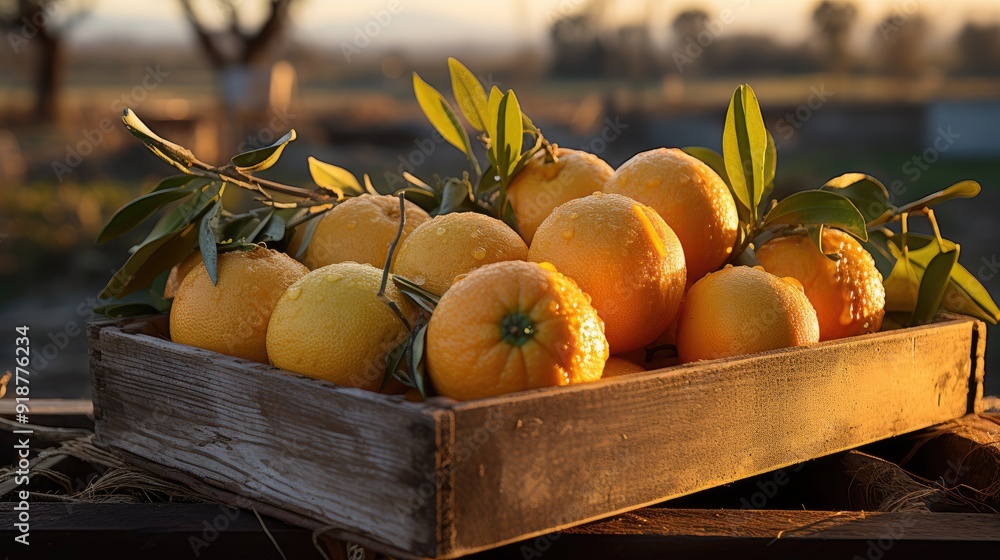 Wall mural golden hour oranges citrus fruits on wooden table with trees field on morning sunshine background wi