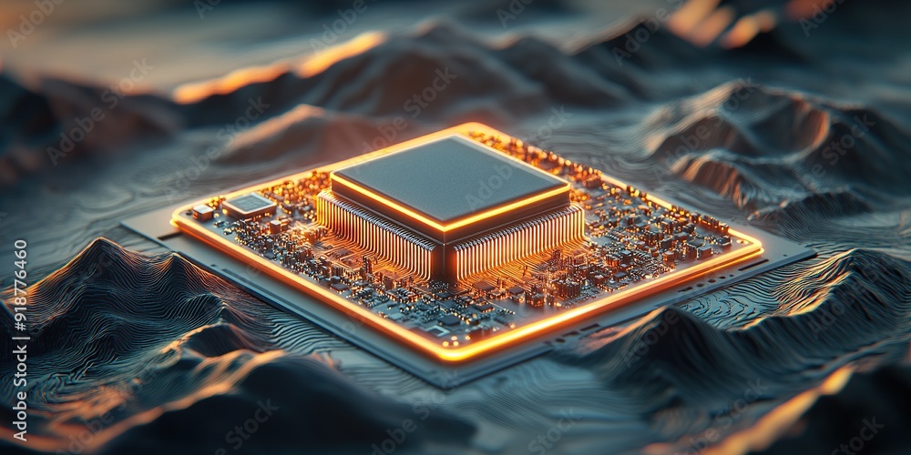 Aufkleber high-tech microchip illuminated with orange lines on rough terrain