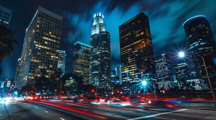 Fototapeta premium A city at night with many tall buildings and a lot of traffic